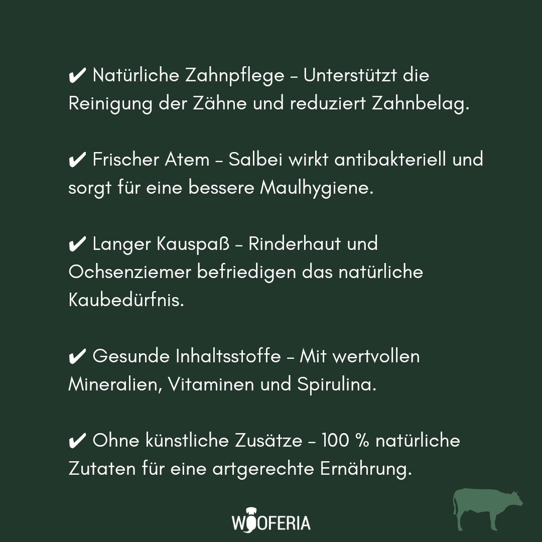 Dunkelgrüner Infotext mit weißen Häkchen und Bullet-Punkten zu Zahnpflege und Kauspaß; WOOFERIA-Logo und Kuhsilhouette