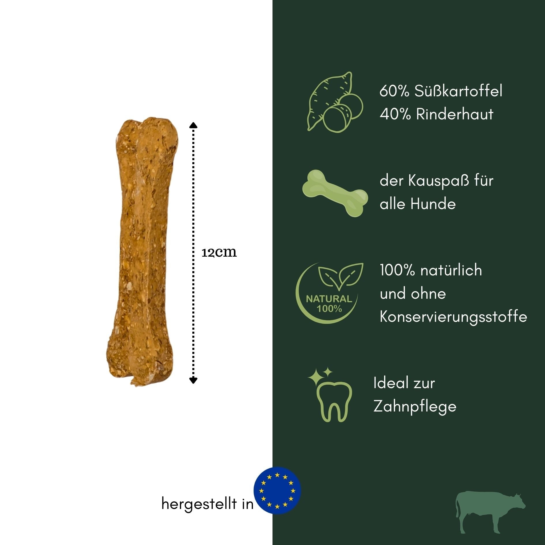 Süßkartoffel-Kauknochen, braun und länglich (ca. 12 cm), raue Oberfläche, hochkant vor weißem Hintergrund