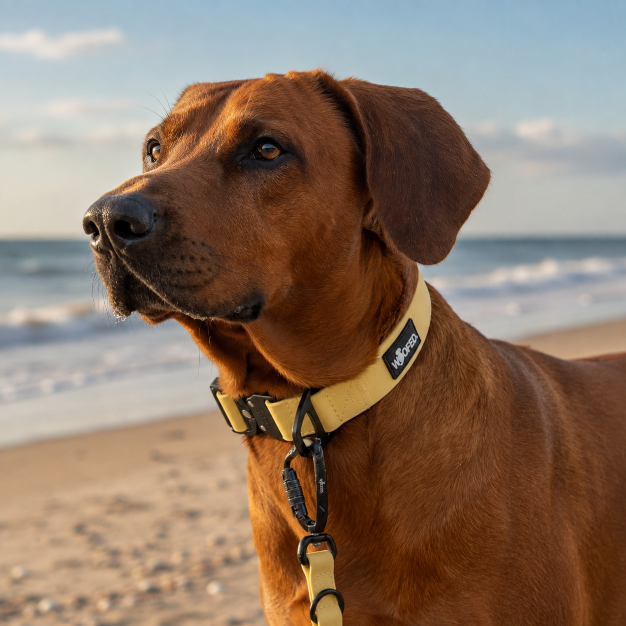Ridgeback am Strand mit Halsband Leinen Set mit taktischen Verschlüssen aus Aluminium in Pastellgelb
