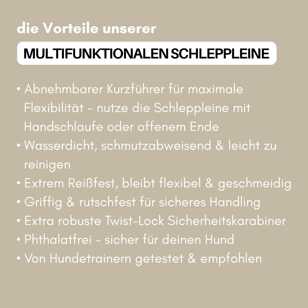 Beige Infografik mit weißer Überschrift „MULTIFUNKTIONALEN SCHLEPPLEINE“ und weißer Aufzählung der Leinen‑Vorteile