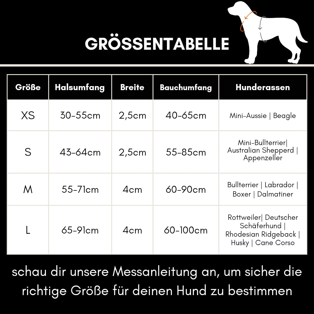 Größentabelle WOOFLEX Hundegeschirr Phantom Black – Größen XS–L, Hals- & Bauchumfang, Breite; schwarzer Hintergrund mit Hund