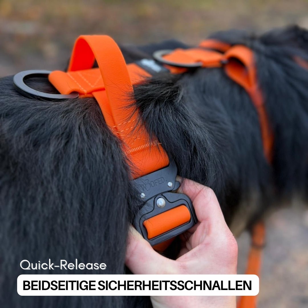 Y - Hundegeschirr WOOFLEX® 4fach - verstellbar mit Griff und Sicherheitsschnallen Sunset Orange - wasserfest - WOOFED.