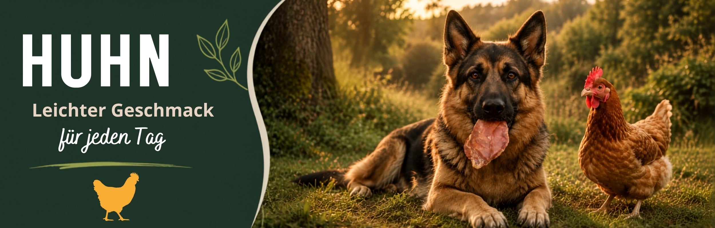 Schäferhund mit natürlichem Kauartikel vom Huhn in der Natur  