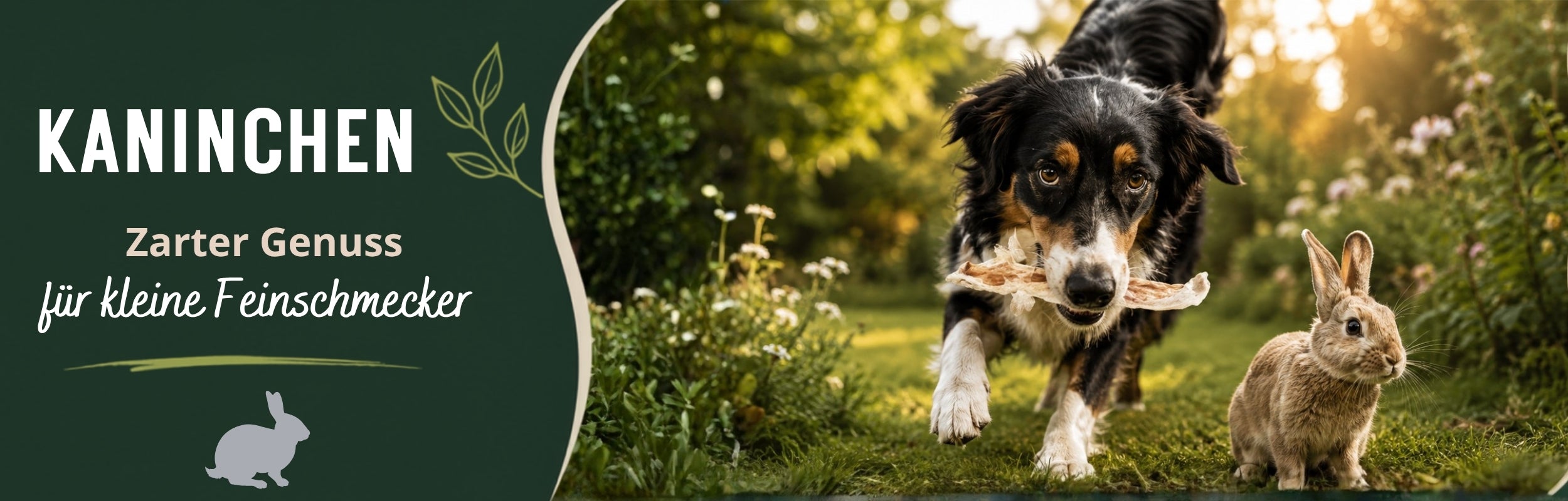 Australian Shepherd mit Kaninchenohr und Kaninchen in der Natur 