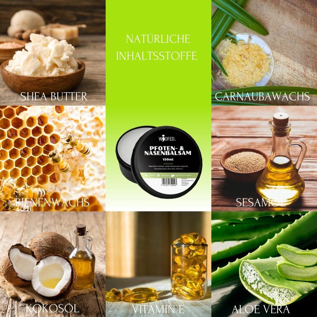 Pfotenbalsam aus natürlichen Inhaltsstoffen - Shea Butter, Bienenwachs, Kokosöl, Vitamin E, Aloe Vera, Sesamöl, Carnaubawachs 