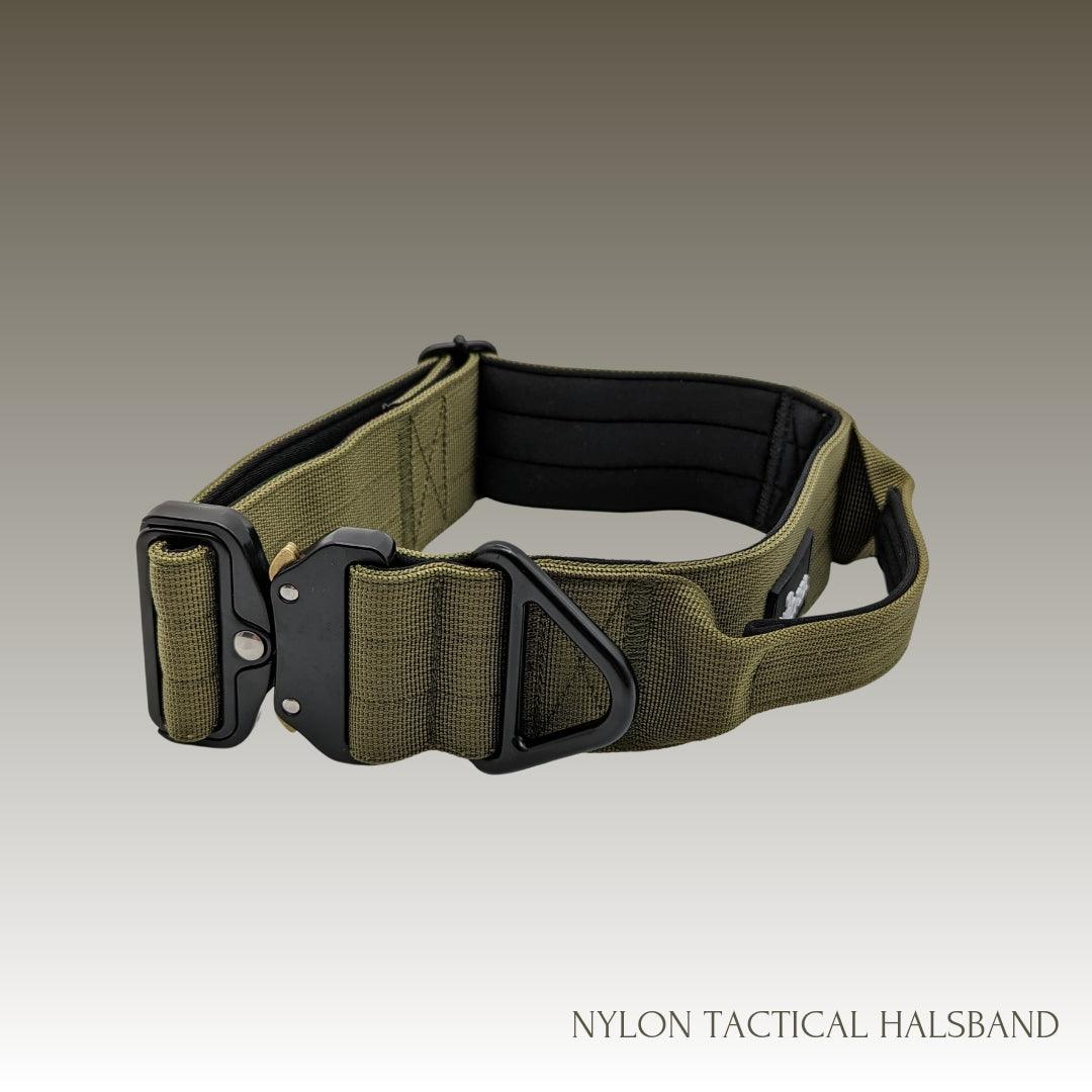 Taktisches Hundehalsband in Oliv 4cm und 5cm Breite, mit Sicherheitsverschluss und Haltegriff 