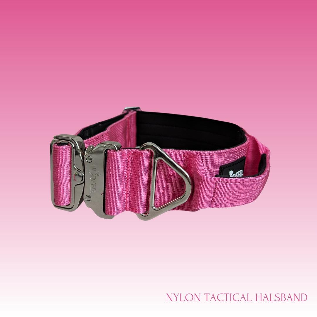 Taktisches Hundehalsband mit Sicherheitsverschluss und praktischem Haltegriff in Pink, in 4cm und 5cm Breite