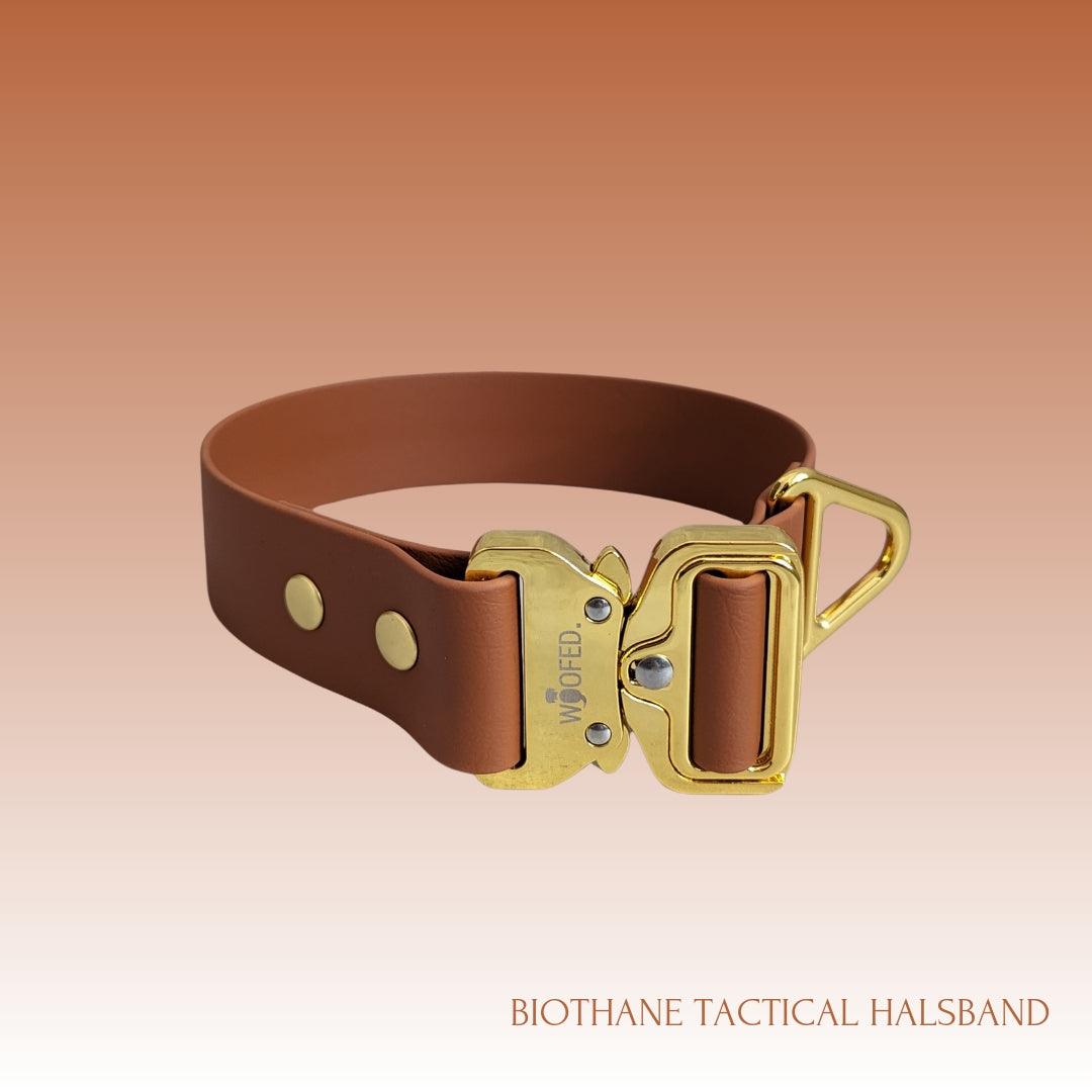 Taktisches Biothane Halsband für deinen Hund in Cognac mit Gold