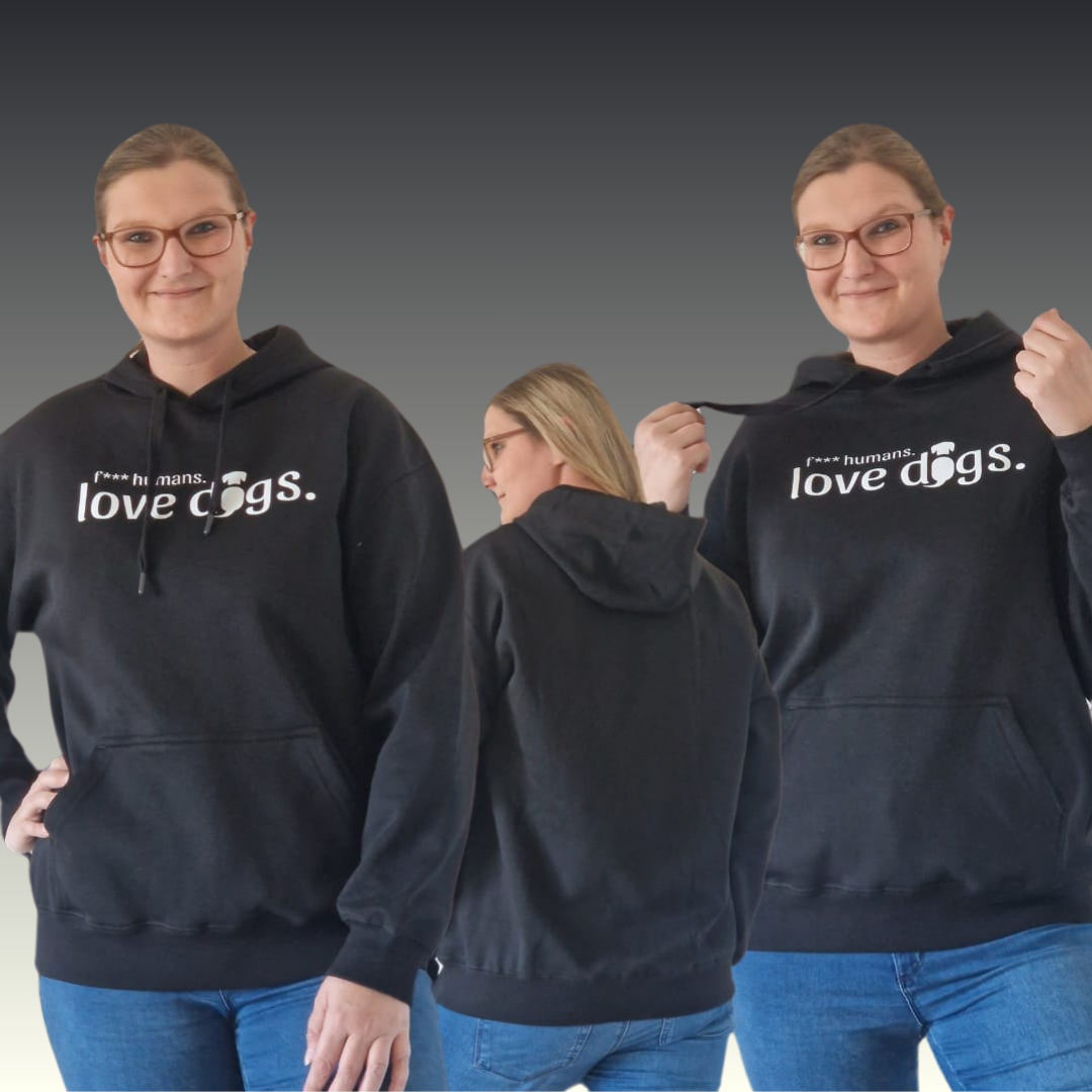 Hoodie Unisex "F*** humans love dogs" Schwarz