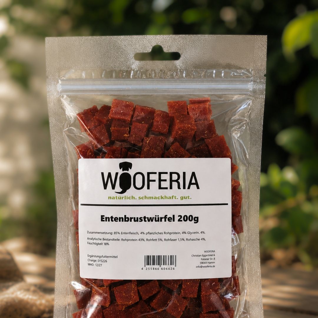Wiederverschließbare Verpackung der Entenbrustwürfel Trainingssnacks für Hunde 