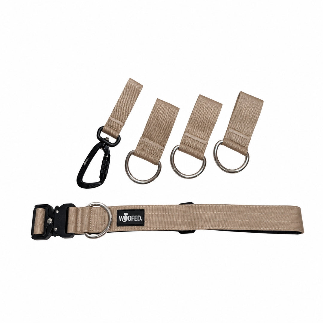 Gassigürtel für Mehrhundehalter in Beige aus Nylon mit weicher Polsterung, Twist-Lock Karabiner und 3 Ringschlaufen