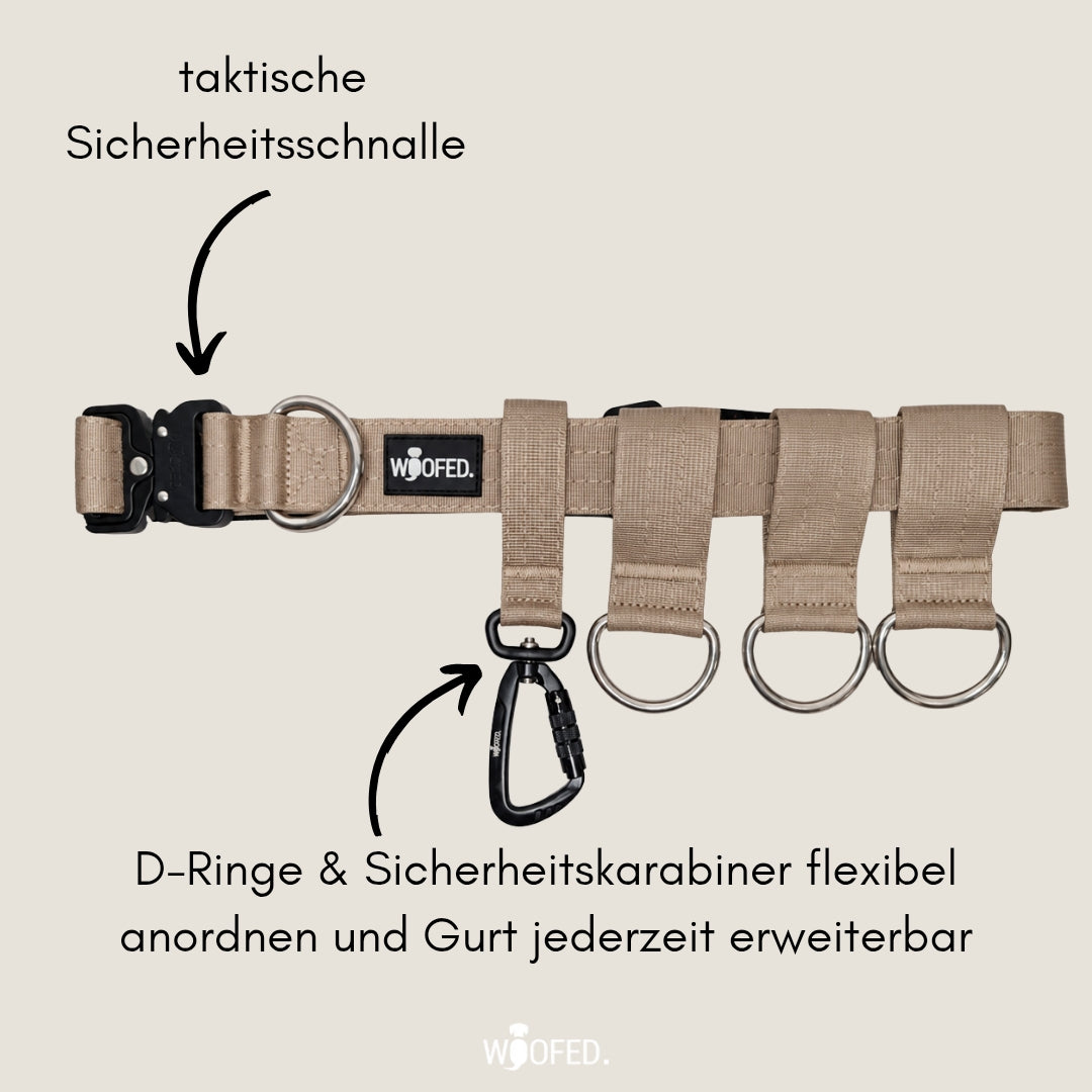 Gassigürtel mit D-Ringen und Sicherheitskarabiner in Beige für Spaziergänge mit mehreren Hunden und freie Hände 