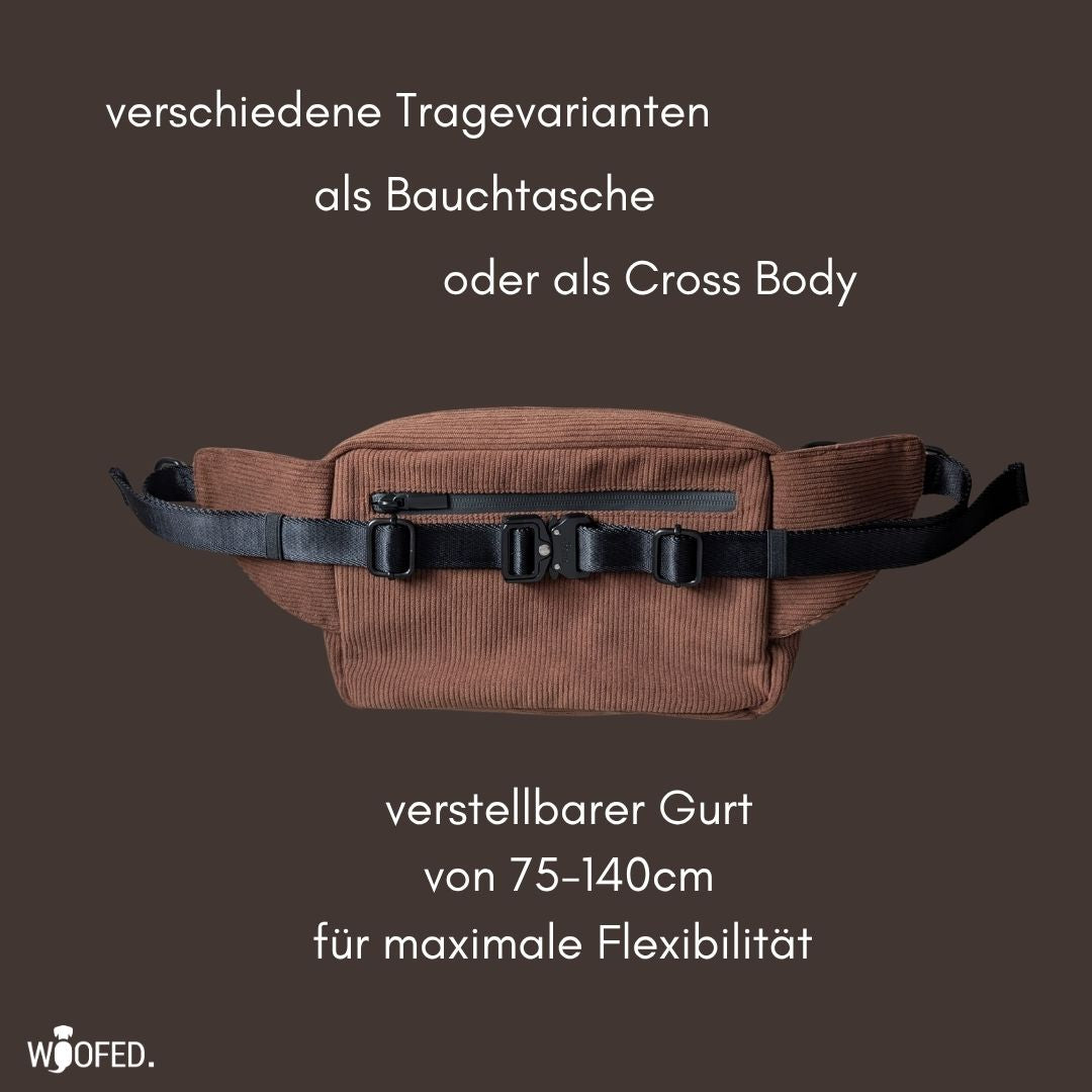 Gassitasche für Hundehalter bequem als Cross-Body, Umhängetasche oder Bauchtasche tragbar - mit verstellbarem Gurt in Braun
