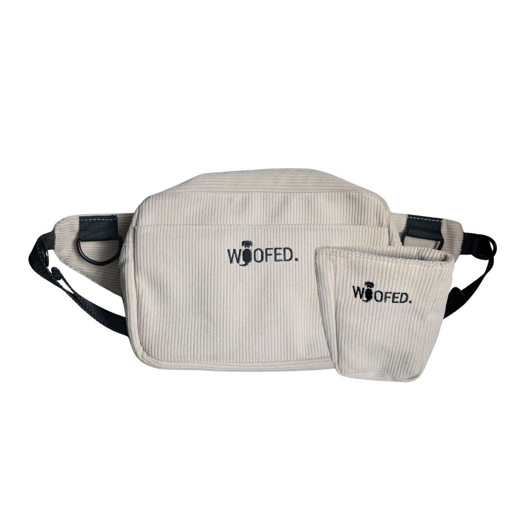 Gassitasche in Cord Beige für Hundehalter mit Leckerlibeutel zum Umhängen und als Bauchtasche