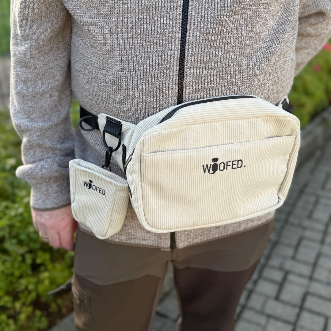 Set aus Gassitasche mit Leckerlibeutel in Cord als Bauchtasche von einem Mann getragen 