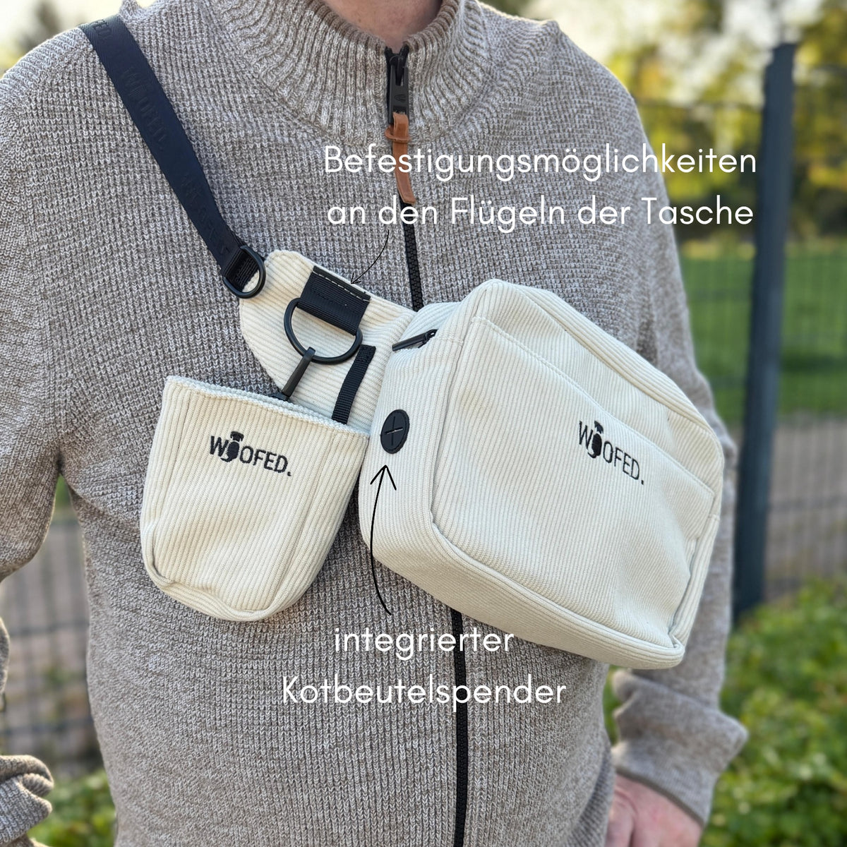 Cord Gassitasche für Hunde an Mann mit Kotbeutelspender und Ringen für Trinkflasche, Leine und mehr