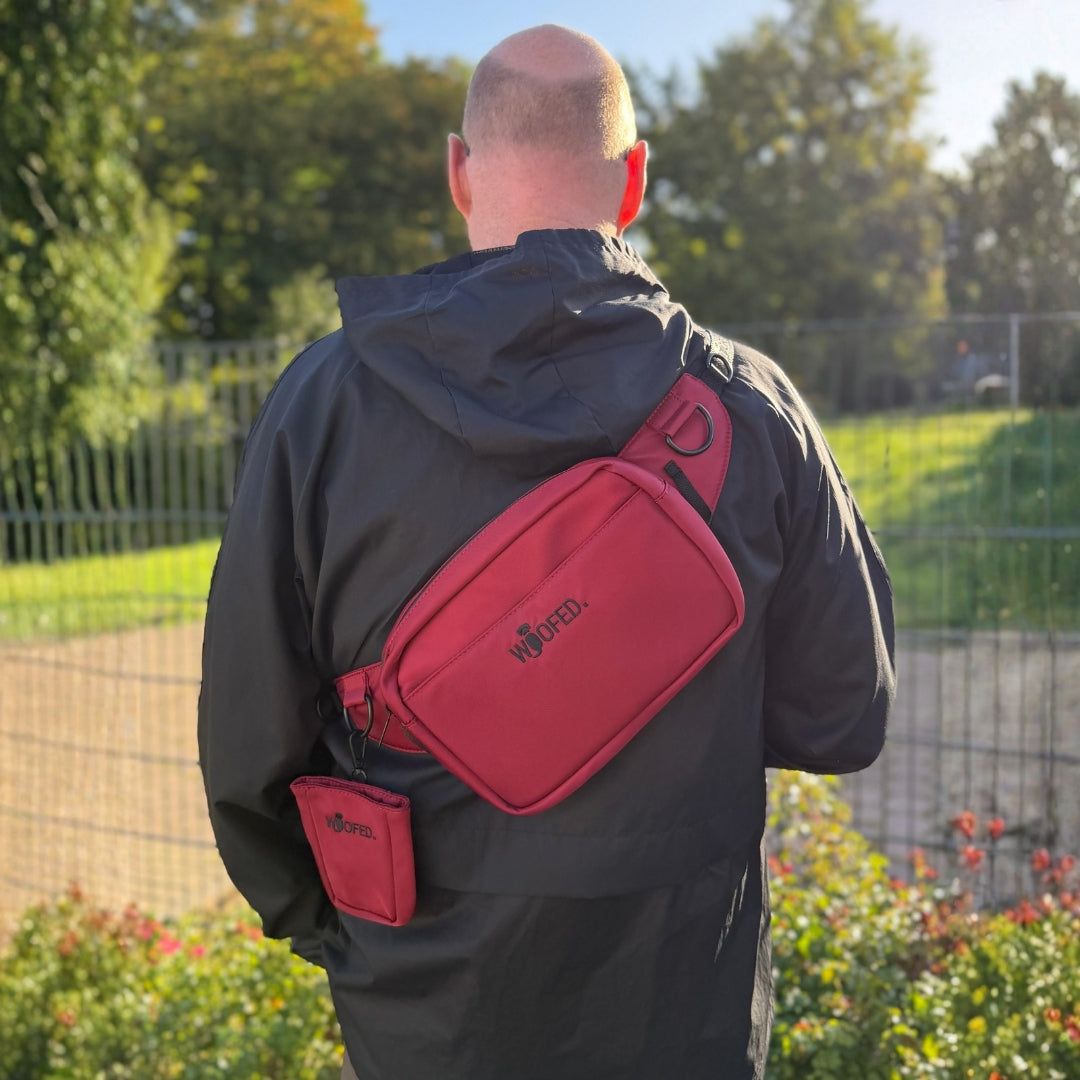 Gassitasche mit Leckerlibeutel in dunkelrot mit Mann als Cross-Body 
