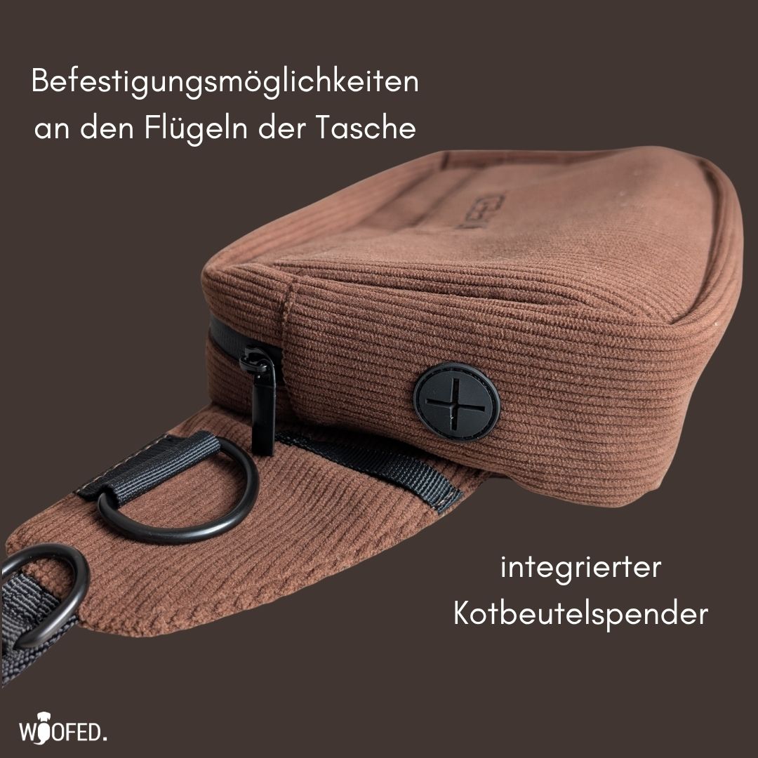 Cord Gassitasche in Braun mit integriertem Kotbeutelspender und Ringen für Leckerlibeutel, Leine oder Wasserflasche
