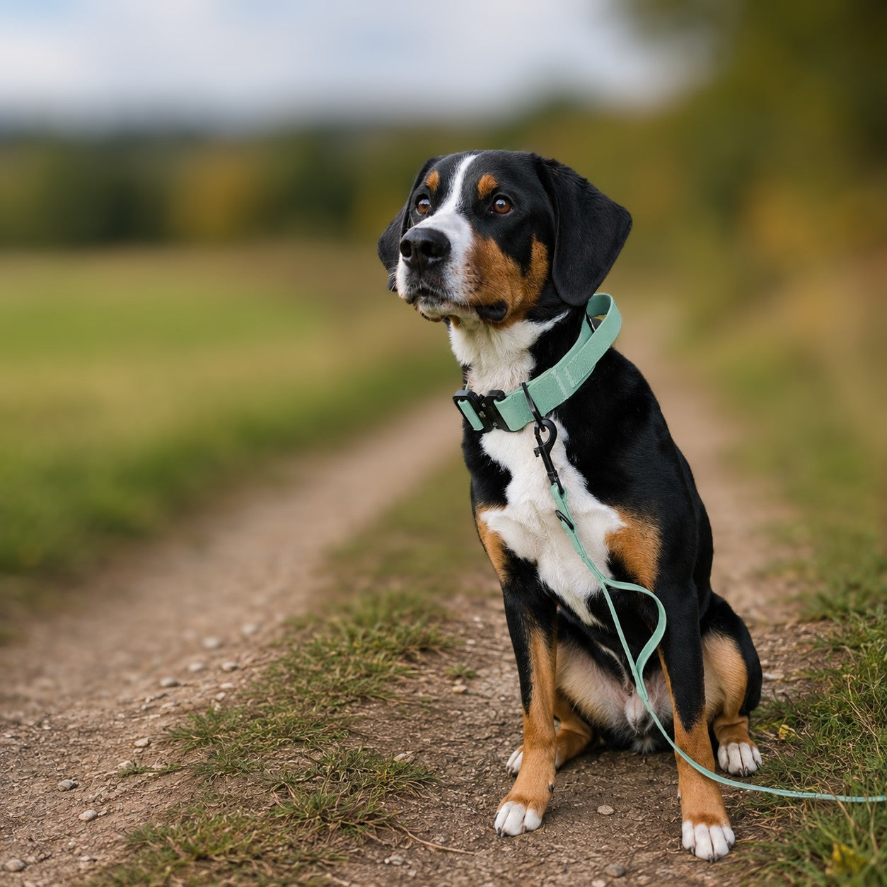 Dreifarbiger Hund sitzt auf Feldweg, trägt jadegrüne verstellbare Führleine am Halsband mit Bolzenkarabiner
