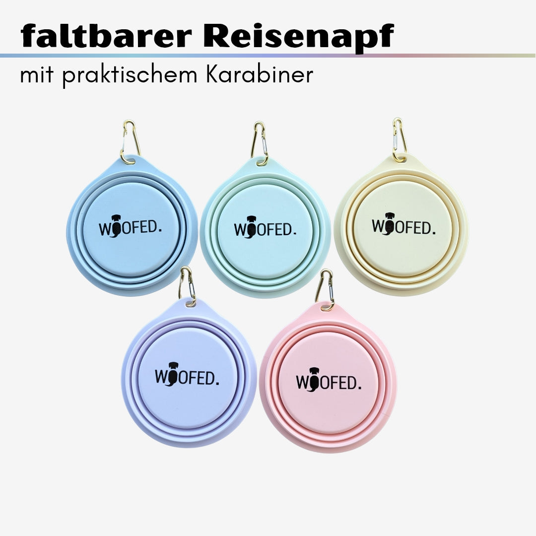Fünf zusammengelegte runde faltbare Hundenäpfe in Pastellfarben (blau, mint, creme, lila, rosa) mit goldenen Karabinern, Drå