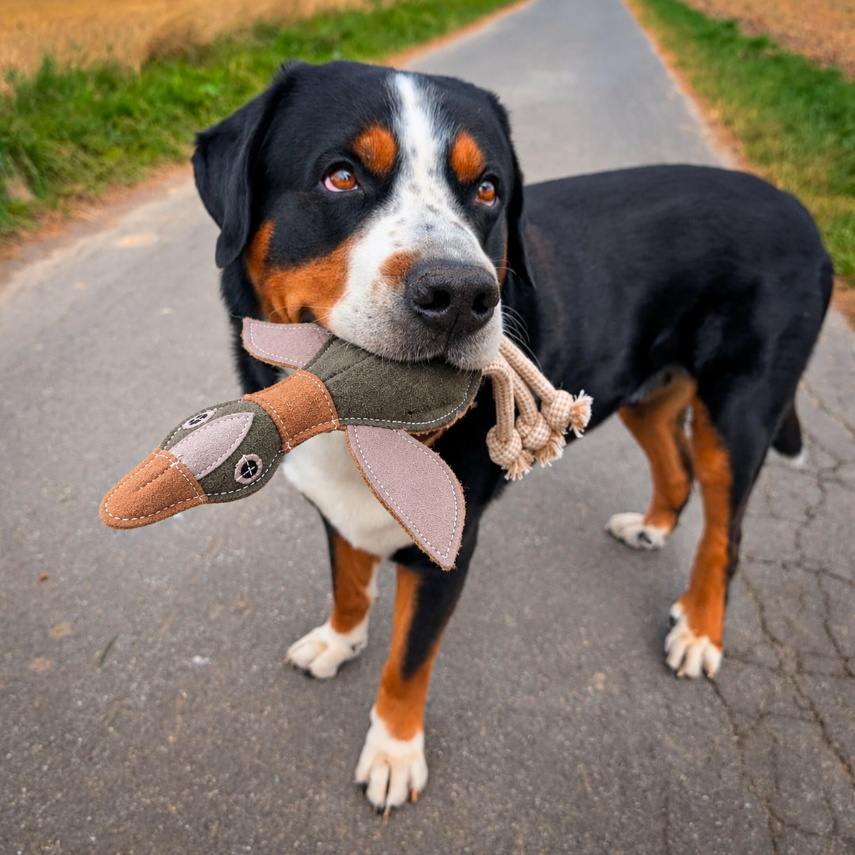 Spielzeug aus Leder für Hunde in Entenform mit großer Schweizer Sennenhund 