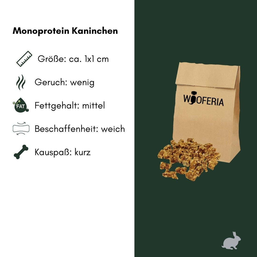 Beige Papiertüte mit WOOFERIA-Logo und kleinen braunen Kaninchen-Trainies (ca. 1×1 cm) auf dunkelgrünem Hintergrund, Infograf