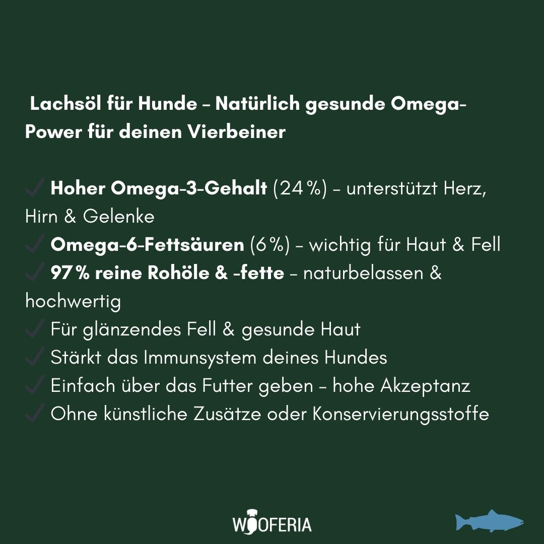 Grüne Infografik Lachsöl für Hunde mit weißen Texten zu Omega‑3 (24%), Omega‑6 (6%), Markenlogo und blauem Fischsymbol