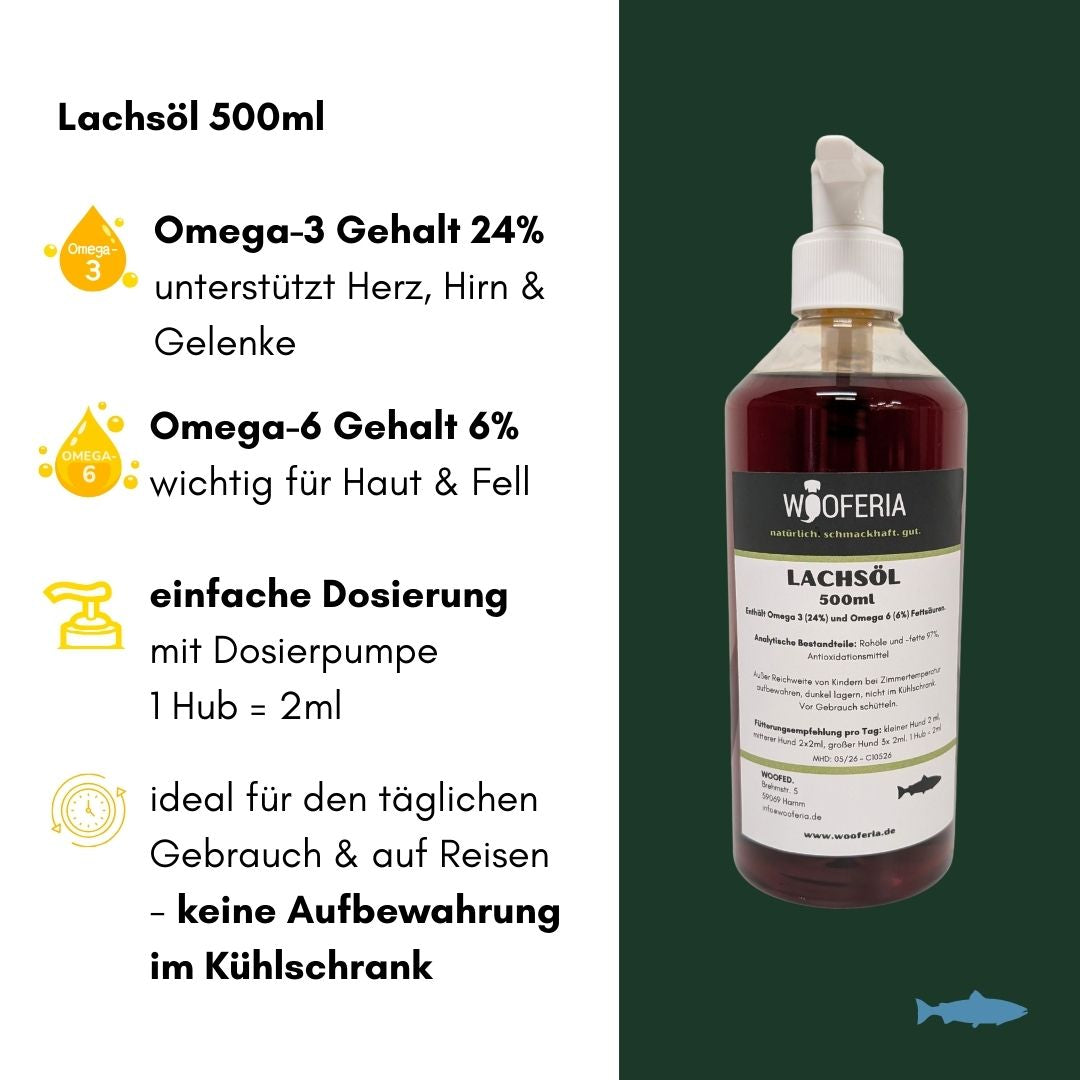 500 ml Lachsöl in transparenter Flasche mit weißer Dosierpumpe, dunkelrotes Öl vor dunklem Hintergrund