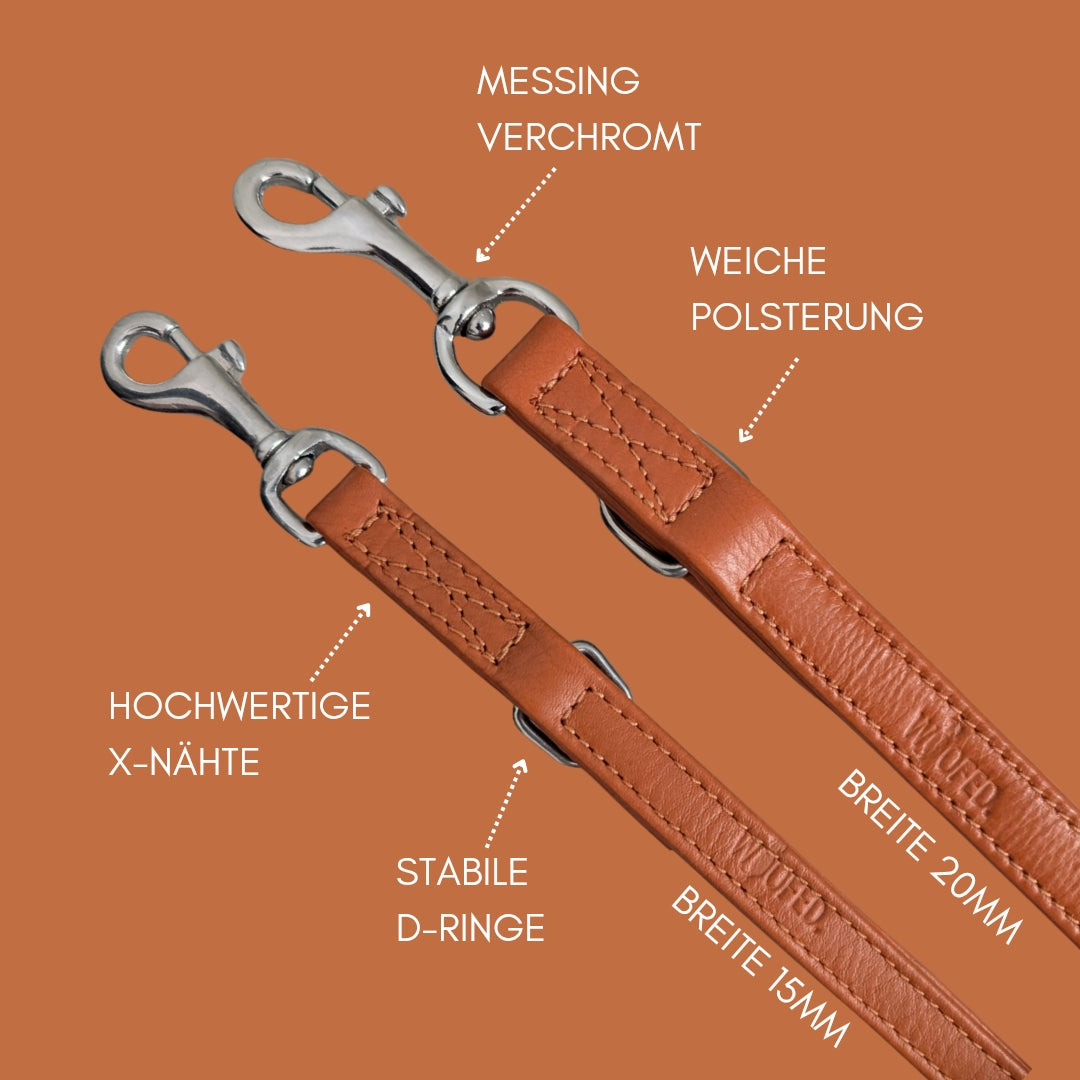 Hochwertige Rindsleder Hundeleine aus Cognac - 3-fach verstellbar Details 