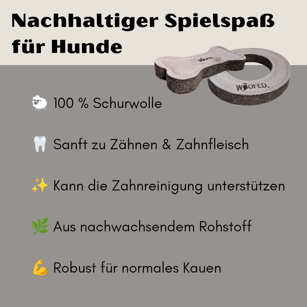 Nachhaltiges Hundespielzeug in Form von Knochen und Ring aus Schurwolle, sanft zu den Zähnen aus robustem Material