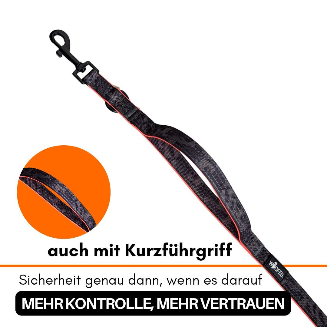 Nylon Hundeleine in Camo Orange mit Kurzführgriff für Sicherheit Kontrolle und vertrauen im Alltag 