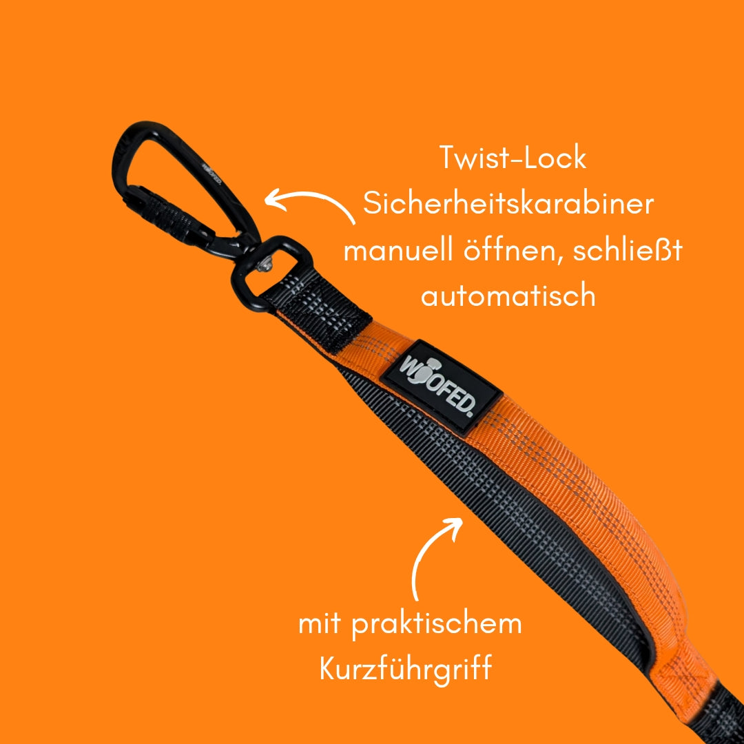 Orange-schwarze Jogging- und Wanderleine, schräg fotografiert, Twist-Lock-Karabiner oben links und Kurzführgriff mit Label