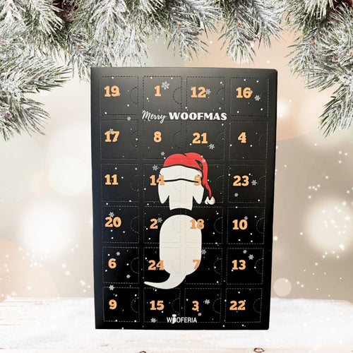 WOOFERIA Adventskalender mit leckeren Snacks für Hunde in schwarzer Verpackung 