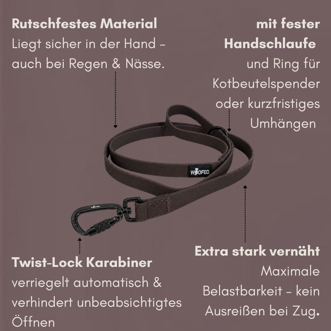 Wasserfeste, robuste Hundeleine mit Handschlaufe und Twist Lock Karabiner in Dunkelbraun Espresso 