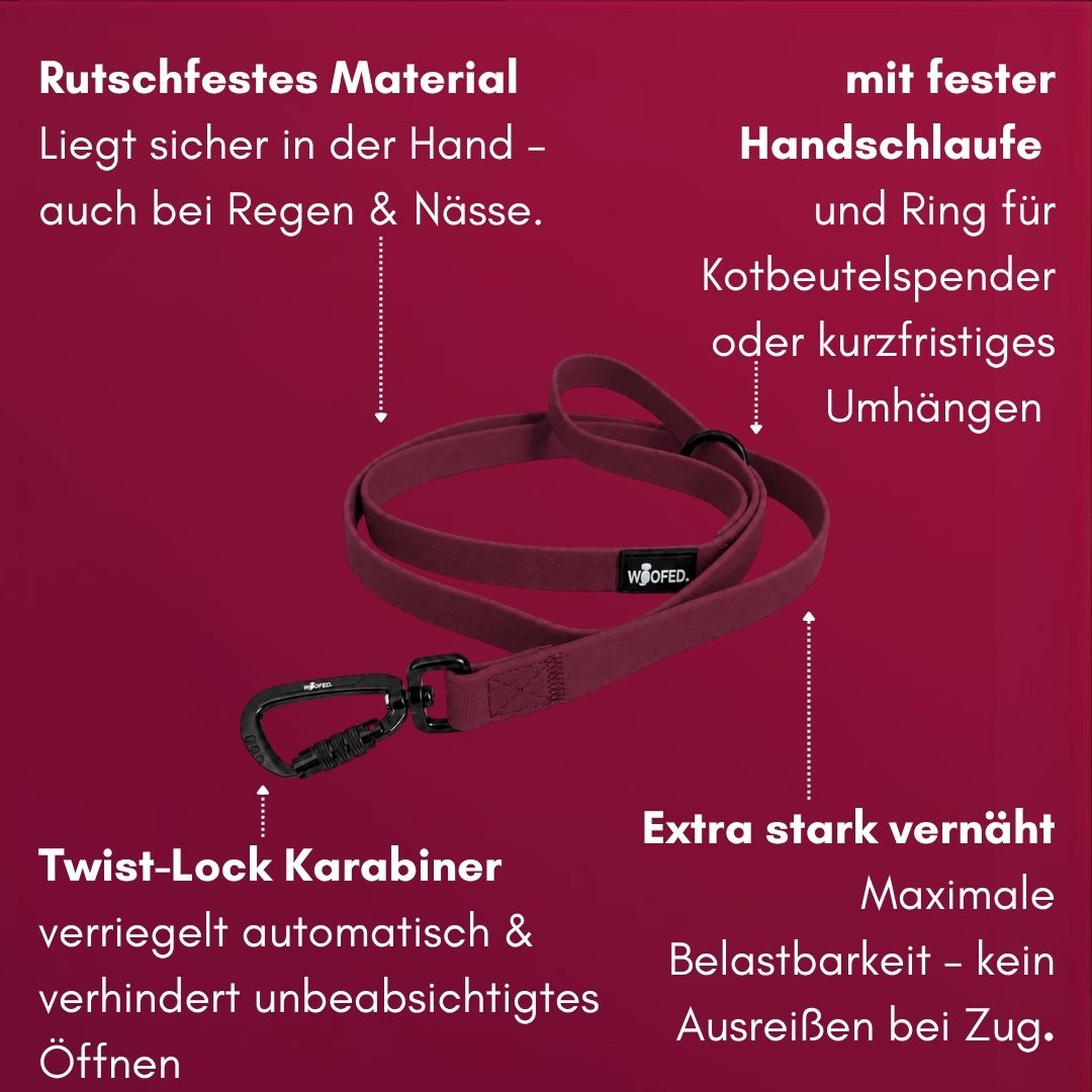 Wooflex Hundeleine mit Handschlaufe und praktischem Ring mit Twist-Lock Karabiner und robusten Nähten in dunkelrotem Burgundy 