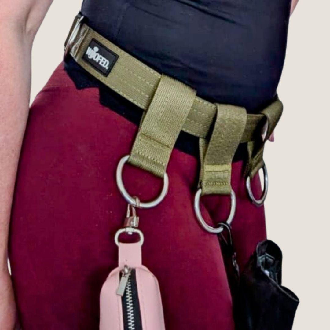 Gassigürtel Military Olive, Hüftansicht mit 3 D-Ringen, Metallkarabiner, rosa Kotbeutelspender und schwarze Tasche
