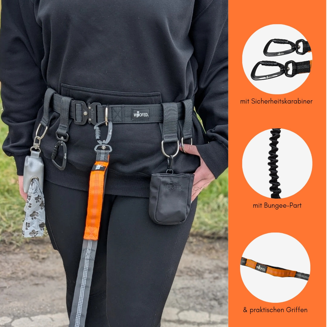Freihandleine fuer Hunde beim Joggen und Wandern mit stossdaempfender Bungee-Funktion und sicherer Befestigung am Hueftgurt.
