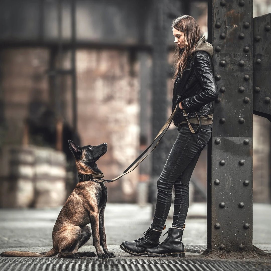 Frau lehnt an Stahlträger, sitzender Hund blickt auf, olivgrüne Nylon-Führleine ist sichtbar
