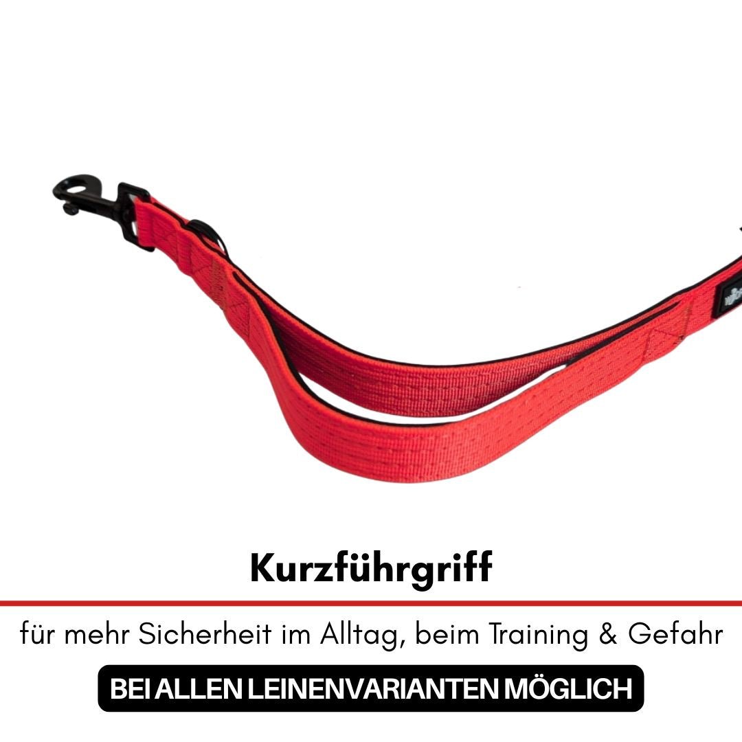 Roter Nylon-Kurzführgriff mit schwarzem Karabiner, doppelt genähte Handschlaufe, Seitenansicht