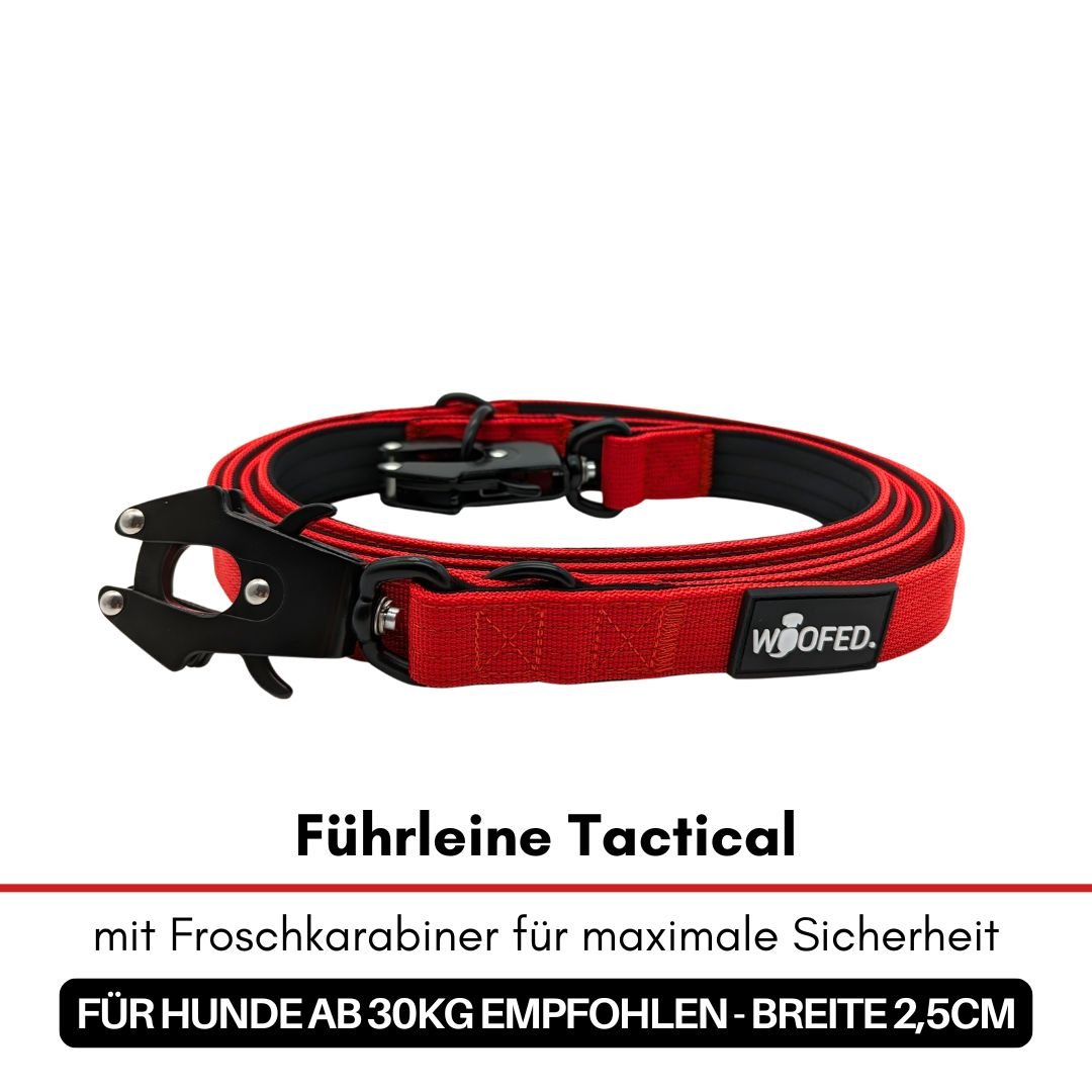 Aufgerollte rote Tactical-Hundeleine mit schwarzem Froschkarabiner und WOOFED-Logo auf weißem Hintergrund, Seitenansicht