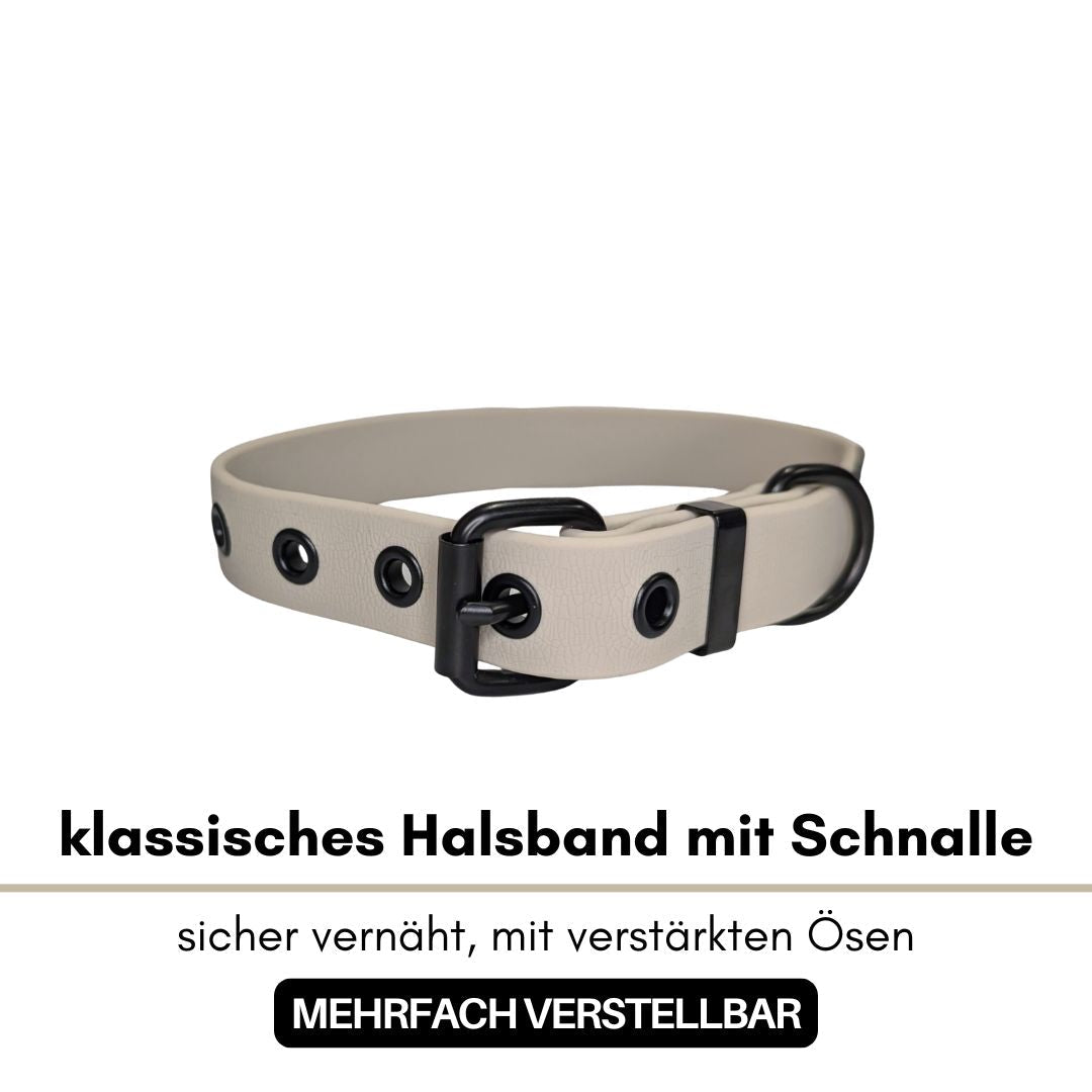 hellsandfarbenes Halsband mit schwarzer Schnalle, verstärkten Ösen und D‑Ring, schräg von vorn