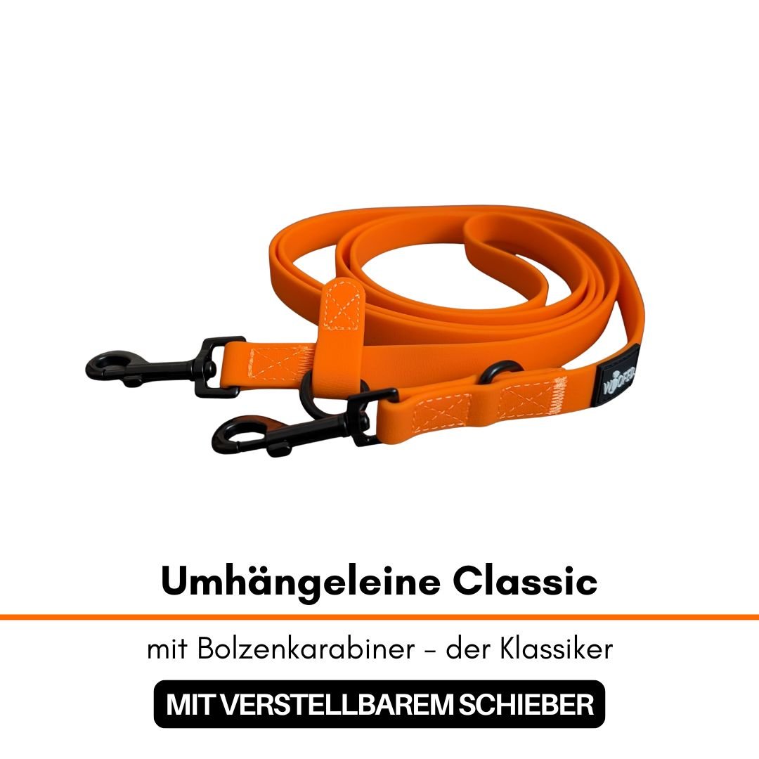Gewickelte orange Umhängeleine mit zwei schwarzen Bolzenkarabinern, verstellbarem Schieber und weißen Ziernähten