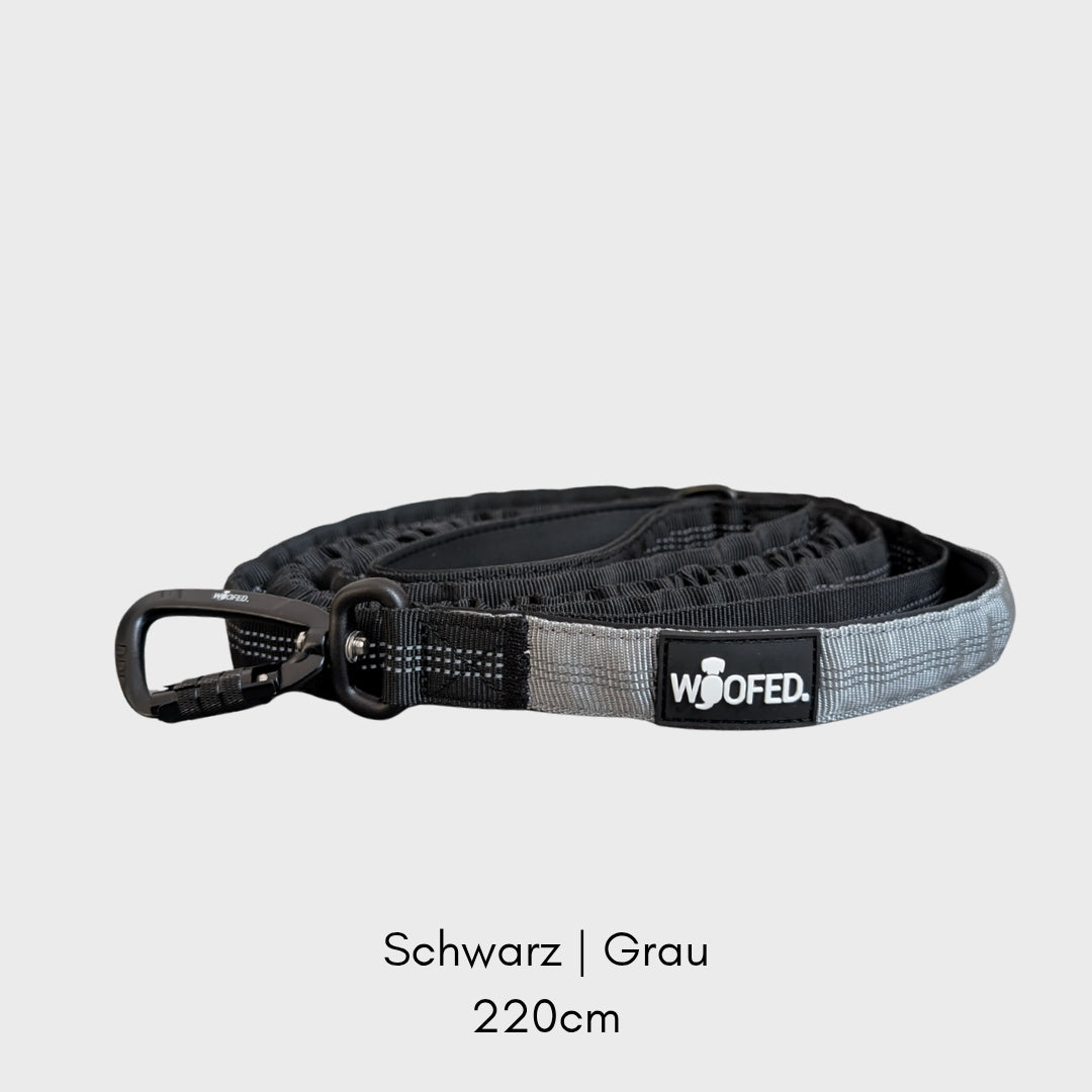 Aufgerollte Jogging- und Wanderleine schwarz‑grau mit Bungee, schwarzem Sicherheitskarabiner und reflektierendem WOOFED-Label