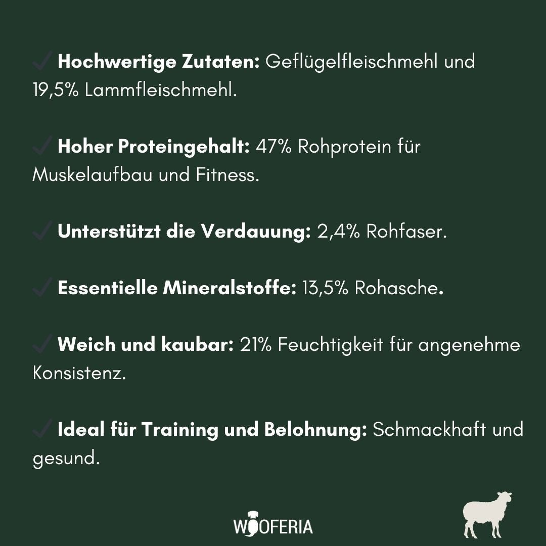 Texttafel auf dunkelgrün: Vorteile von Lamm Softies in weißer Schrift, Wooferia-Logo und Schaf-Symbol unten rechts