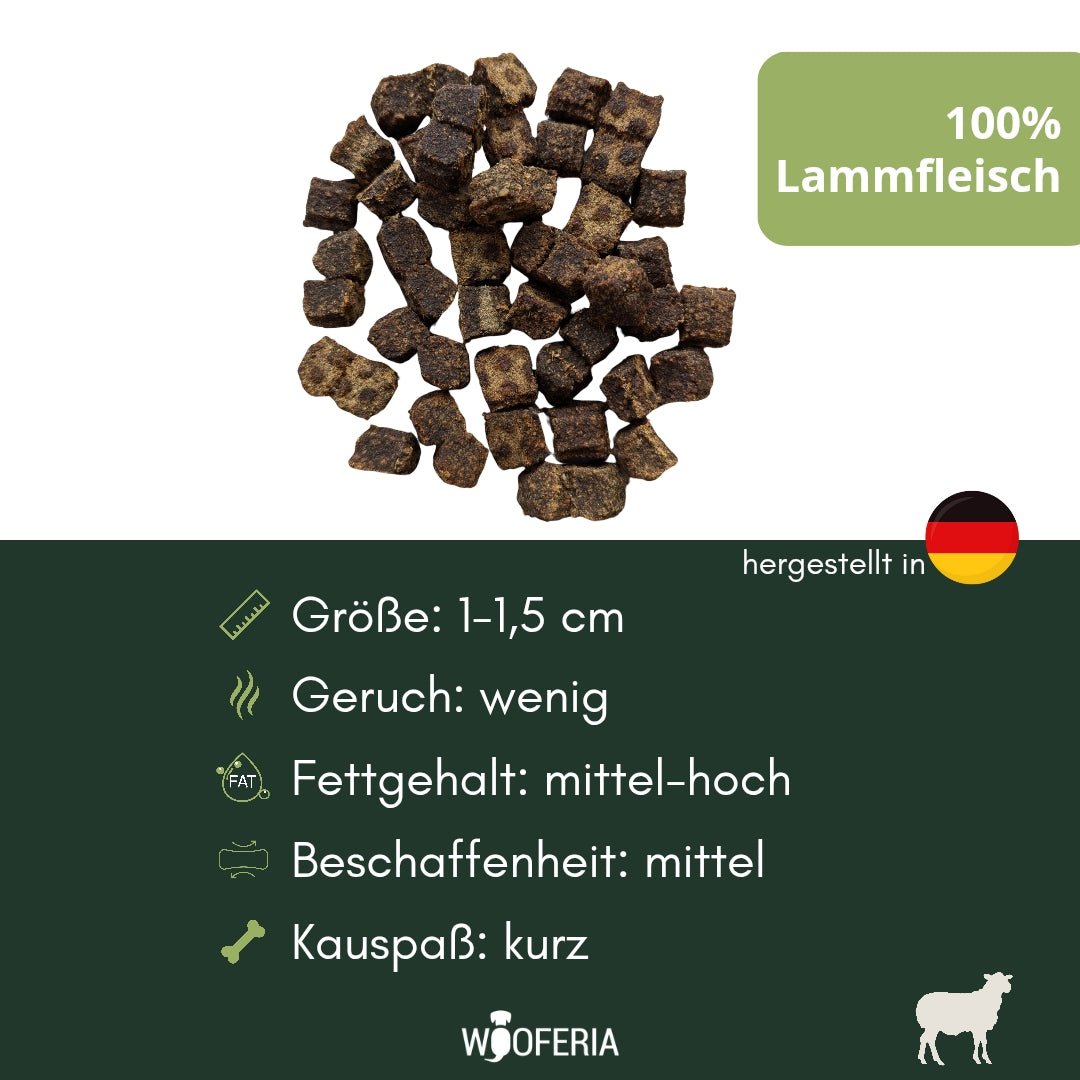 Dunkle Lammfleisch‑Würfel, kleine unregelmäßige Würfelstücke, Draufsicht auf weißem Hintergrund