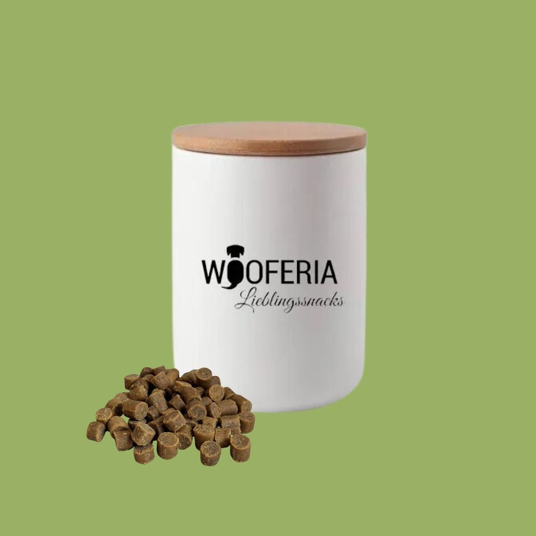 Weiße Keramik-Leckerlidose mit Bambusdeckel und WOOFERIA-Logo, Frontalansicht, braune Hundeleckerlis vor grünem Hintergrund