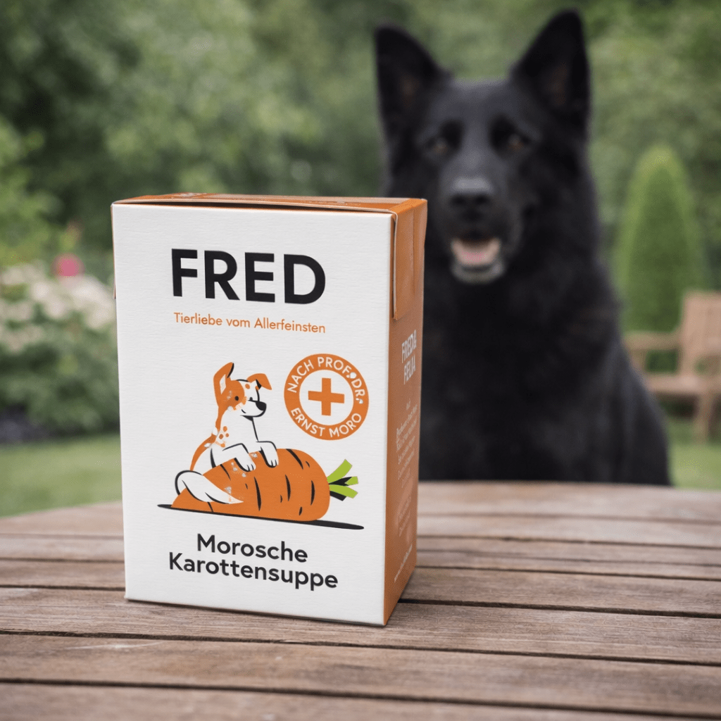 Morosche Karottensuppe Box, weiße Box mit orangeem Design, Vorderseite auf Holztisch, unscharfer schwarzer Hund