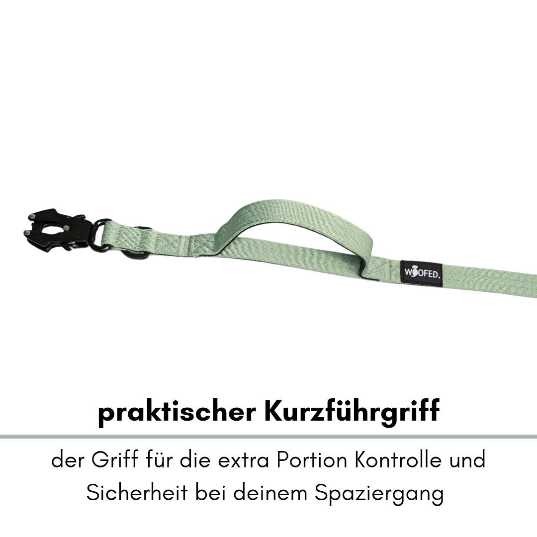 Sagegrüne Nylon-Führleine mit Kurzführgriff, schwarzem Sicherheitskarabiner und WOOFED-Label, Seitenansicht
