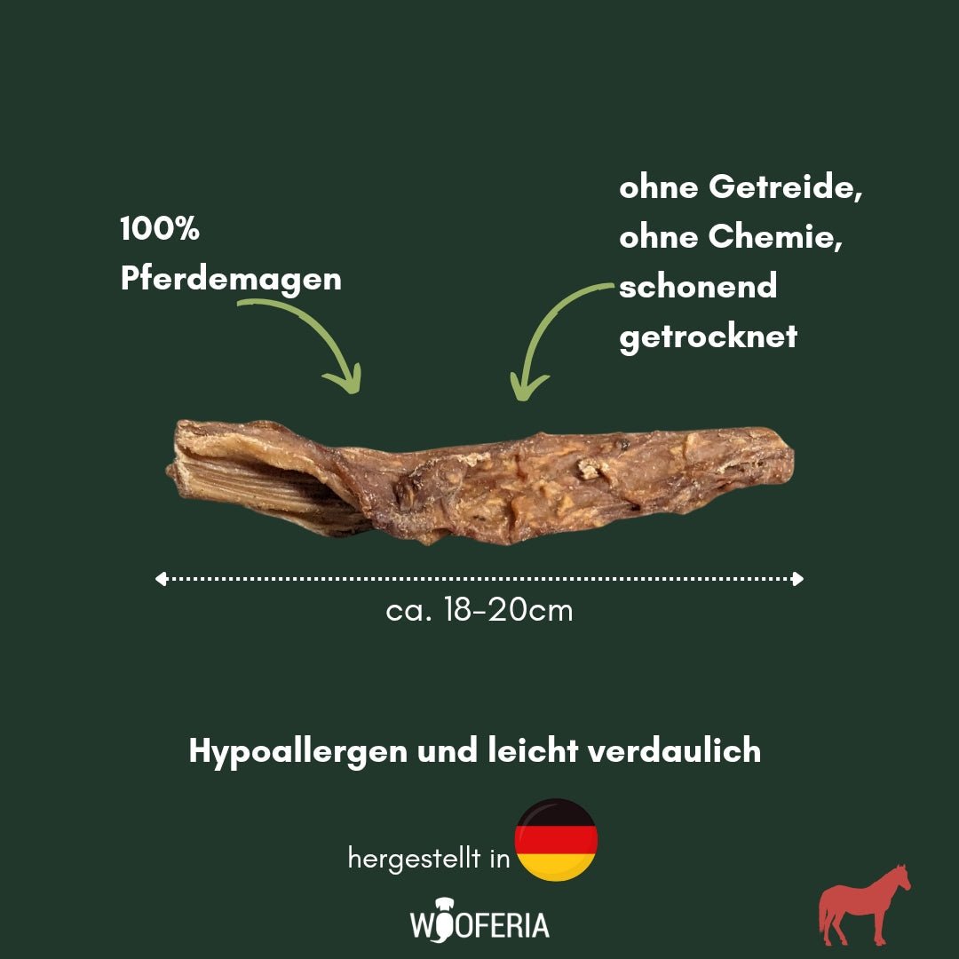 Getrockneter brauner Pferdemagen (ca. 18–20 cm) auf dunkelgrünem Hintergrund mit Pfeilen und Deutschland‑Icon