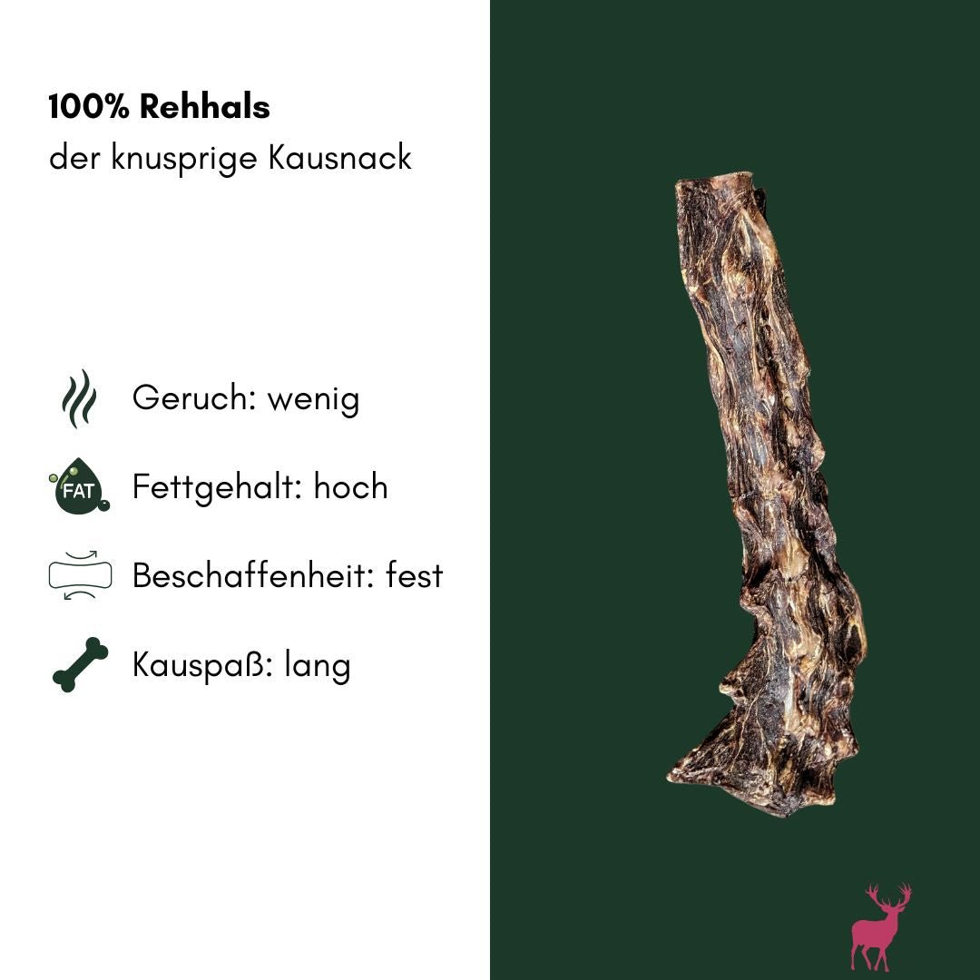 Ganzer getrockneter Rehhals, länglich mit unregelmäßiger Form, dunkelbraun, Seitenansicht auf grünem Hintergrund